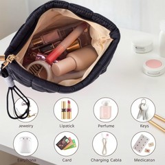 CECKQUE Black Puffer Quilted Makeup Bag for Women with Wrist BK-WS-Set1