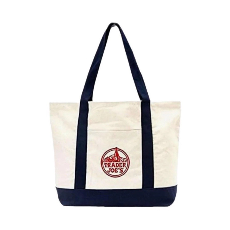 Trader Joe’s Foldable Canvas Reusable Tote Bag Beige Navy Blue Solid