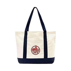 Trader Joe’s Foldable Canvas Reusable Tote Bag Beige Navy Blue Solid