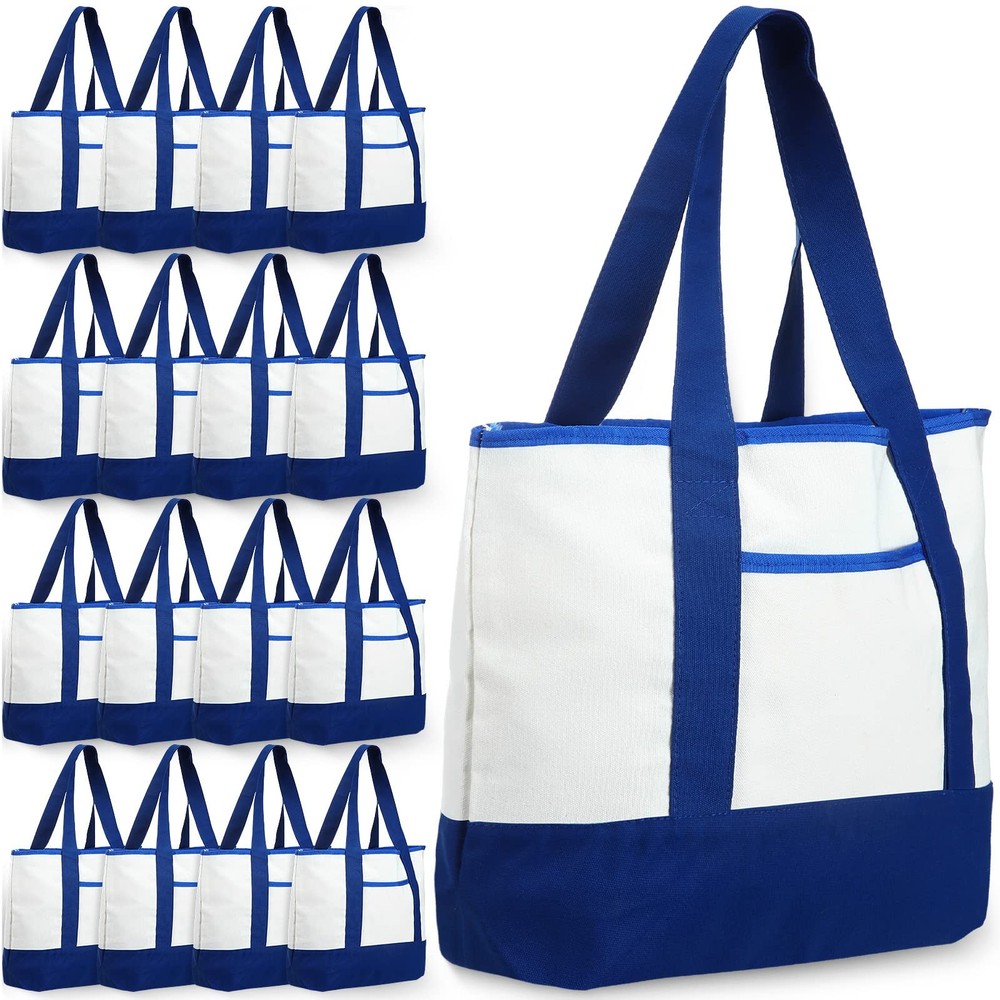 Reginary 16 Pcs Canvas Tote Bags Bulk with Outer Pocket 18 Inch Reusable Shop…