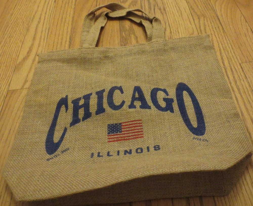 60 Tote Bag Chicago Printing Both Side Jute Reusable 14×12 Bottom Gusset $1.35