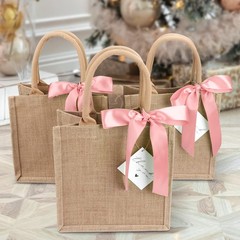 6 Pack Burlap Tote Bags with Handles Reusable Small Jute Gift Bags with Pink …