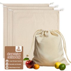 Cotton Storage Bags With Drawstrings – Rainflow 3 Pack 55.56 liters, white