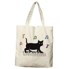 Black Cat Canvas Tote Bag For Women Aesthetic Funny Cute Cat Playing Piano
