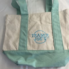 Trader Joe’s Mini Canvas Tote bag pastel green with blue embroidered logo