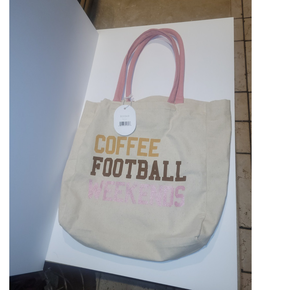 Eccolo Canvas Tote Bag Medium Foldable Beige Pink ‘COFFEE FOOTBALL WEEKENDS’