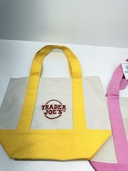 2 Trader Joe’s Mini Canvas Tote Bags Pastel Pink Yellow Limited Edition 11×13”