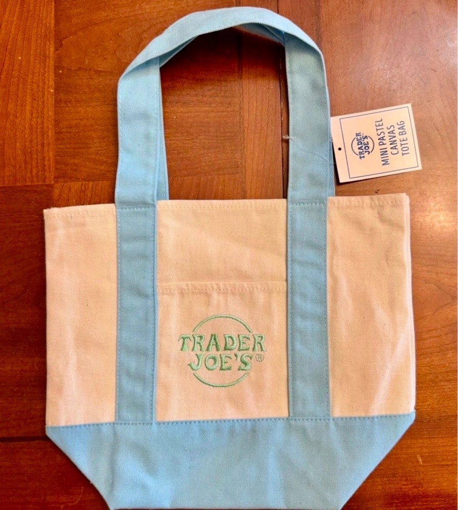 Trader Joe’s 2026 Spring Mini Pastel Canvas Tote Bag NEW NWT Blue and Green