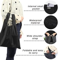 6 Pack Large Black Reusable Shopping Bags Washable Foldable Grocery Tote