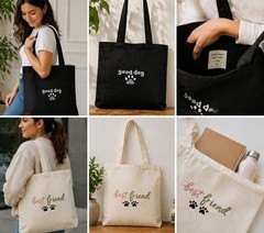 Hand Embroidered Good Dog Paw Print Black Tote Bag Cotton Canvas Reusable