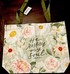 Christian Art Gifts Canvas Floral Tote Bag He Restores My Soul 16x4x12in