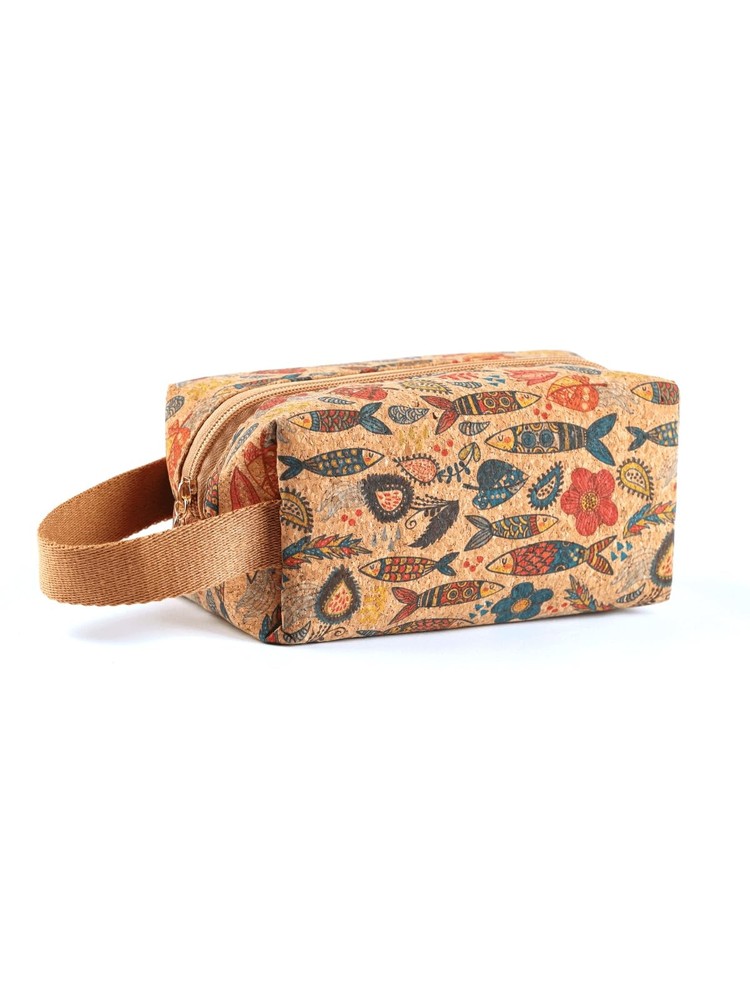 Boho Cork Makeup Bag, Vintage Floral Art Pouch, 7.5*3.5*3.5, Nature Pattern