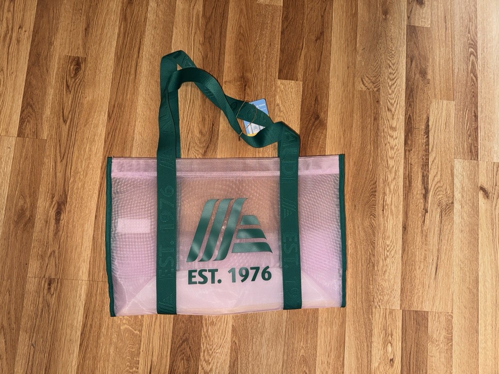 ALDI 50th Anniversary Mesh Tote Bag Pink w/EST 1976 on Green Straps RARE LTD ED