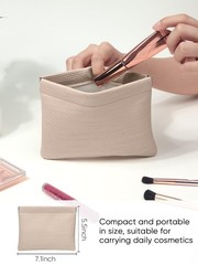 Ksriylm Woven Texture PU Leather Makeup Pouch for Women 5.5x7in, Brown