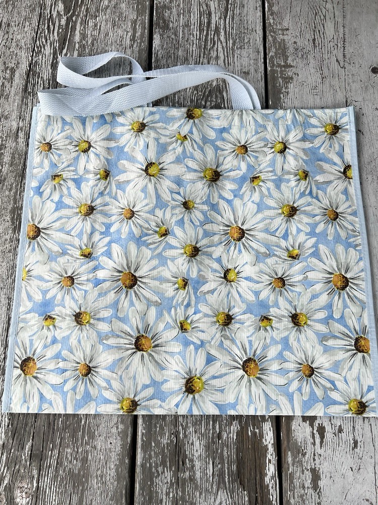 🌼DAISIES 🌼 Flower Reusable Shopping Bag Tote 17.5″x19.5″ Blue & White