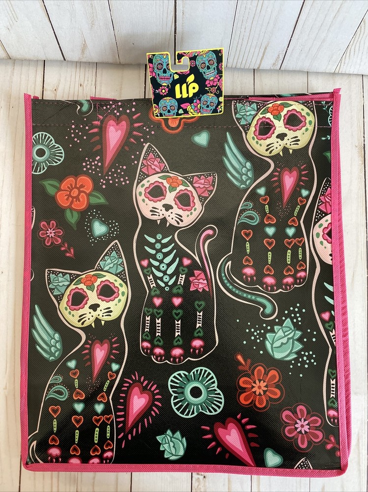 Day Of The Dead Reusable Tote Cats Fangs Halloween Floral Trick Or Treat New