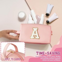 WEMVP Personalized Initial Makeup Bag with Handle, Preppy Cosmetic Pink