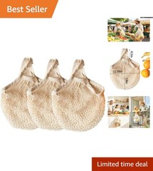 Charming Beige Cotton String Grocery Bags – Retro Set of 3, Space-Saving Design