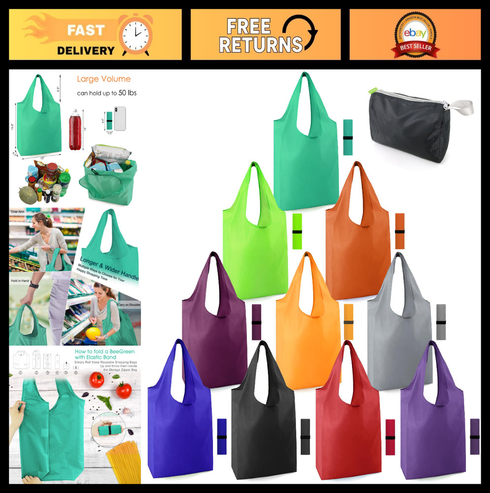10 Pack Extra Large Reusable Grocery Bags – Foldable, Machine Washable Totes, Li