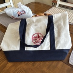 Trader Joe’s Canvas Reusable Foldable Shopping Bag Beige Navy Blue