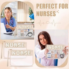 Sunnymove 6 Pcs Nurse Makeup Bag, Chenille Letter Patch Nylon Nurse, Beige