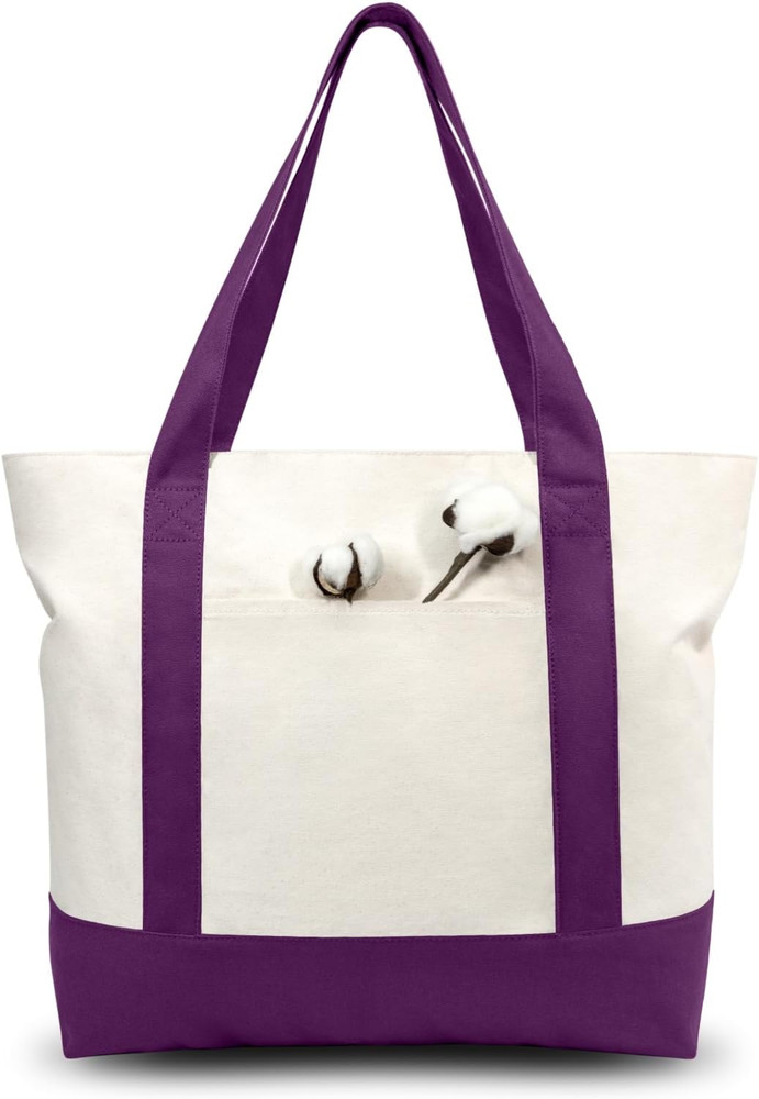 Canvas Tote Bag with External Pocket 1Pk Reusable Bag Top Zipper Closure Purple