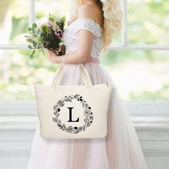 Personalized Initial Canvas Tote Bag with Zipper, Present Bag with Inner Pock…