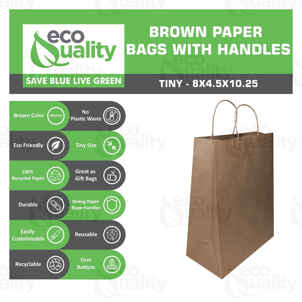 8 x 4.5 x10.25 Tiny Brown Paper Shopping Bags with Twine Handles Reusable 200pcs
