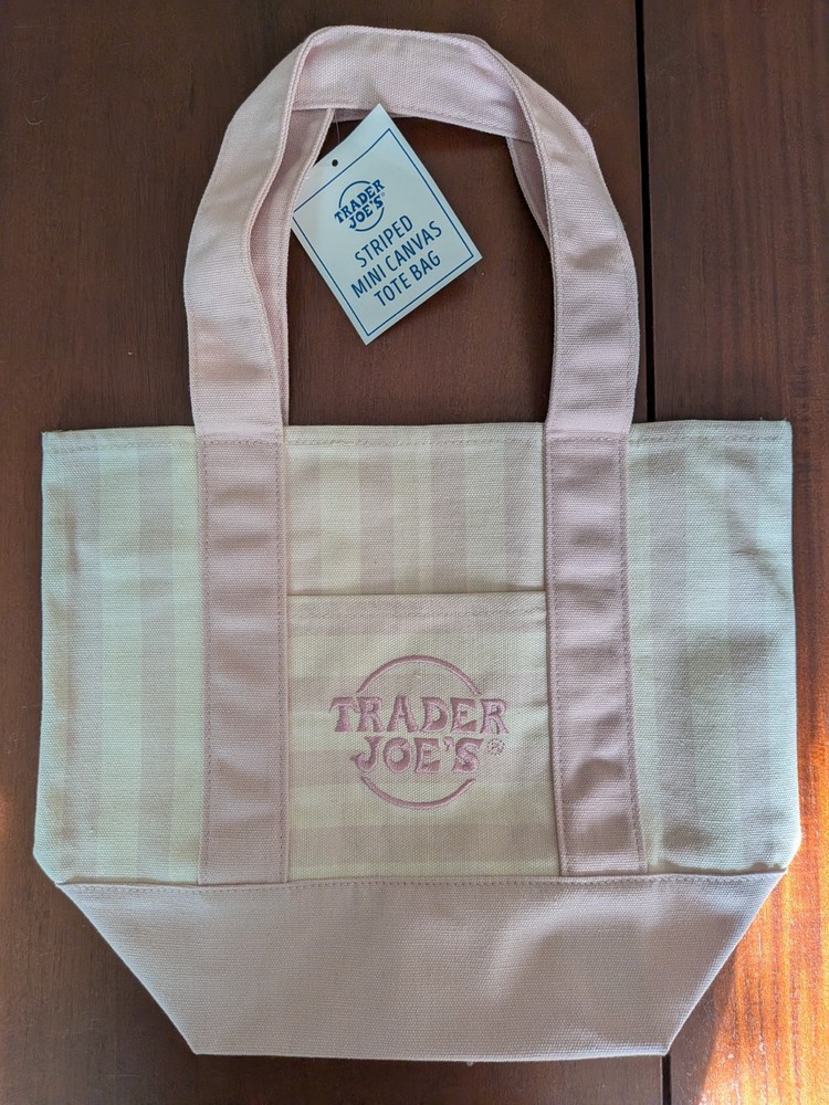 Trader Joe’s Striped Mini Canvas Tote Bag, Pink/White, Reusable
