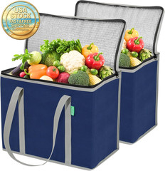 Insulated Reusable Grocery Bags XL 2-Pack Navy Blue Zipper Top Hard Bottom