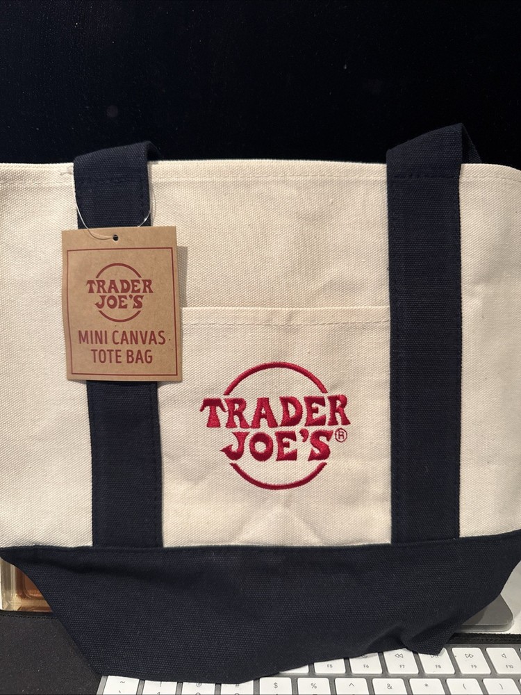 Trader Joe’s Mini Canvas Tote Bag White/Navy Blue, Embroidered, Reusable