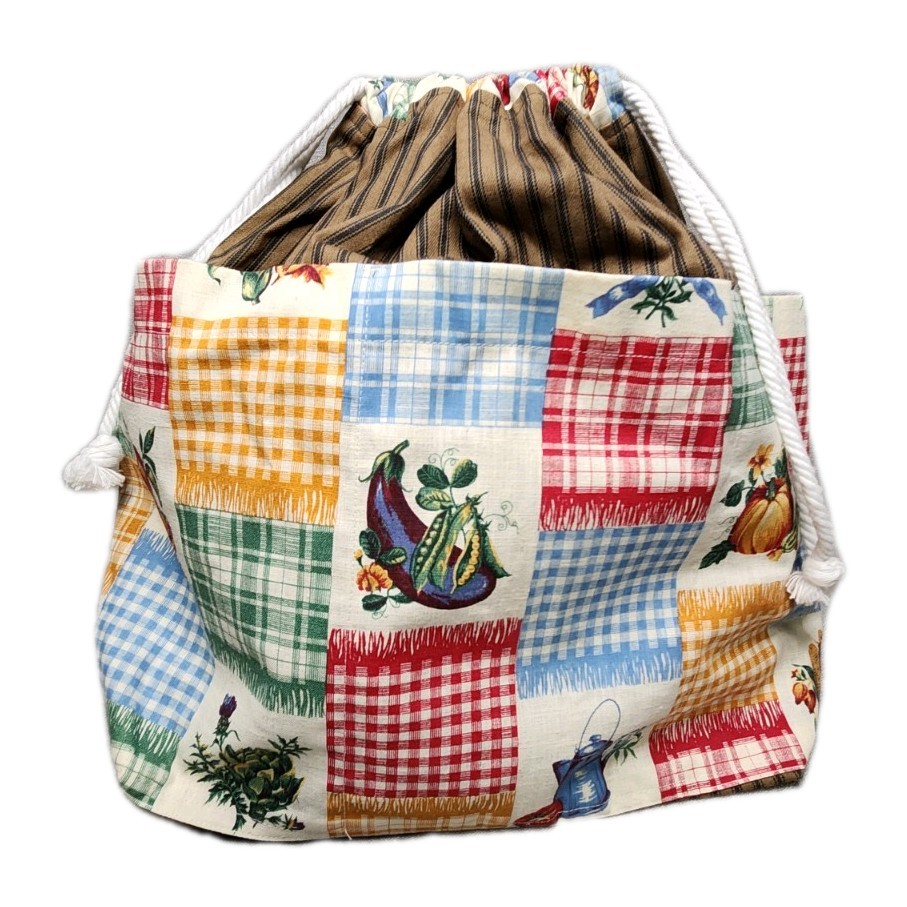 Handmade Country Kitchen Drawstring Utility Bucket Bag Tote All-Around Pockets