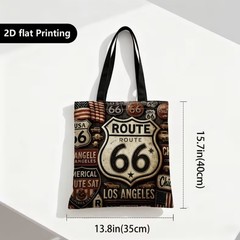 1pc Double-Sided 2D Flat Printing Shopping Tote Bag, Vintage, Route 66