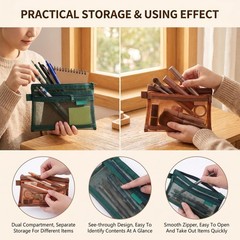 ASTRQLE 2 Pcs Double-Layer Mesh Zipper Makeup Bags Cosmetic 20.5*12cm, Brown