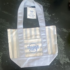 Trader Joe’s Striped Mini Canvas Tote 2026 Bag Beige/White/Blue 13x8x6 in