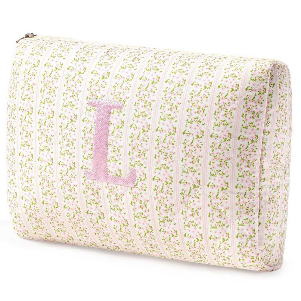 HBselect Initial Quilted Makeup Bag, Pink Cosmetic Travel Medium Pinkflower