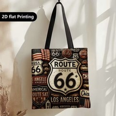 1pc Double-Sided 2D Flat Printing Shopping Tote Bag, Vintage, Route 66