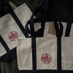LARGE Trader Joe’s Foldable Reusable Tote Bag -Beige Navy Blue Cotton
