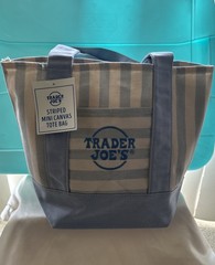 NEW TAG TRADER JOE’S TRENDING STRIPED MINI CANVAS TOTE BLUE SHOP/BEACH/TRAVEL