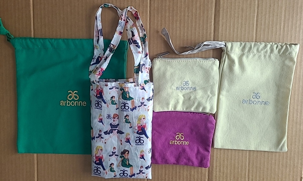 Arbonne Lot: Reusable Shopping Bag, 2 Zipper Pouches, and 2 Drawstring Dust Bags