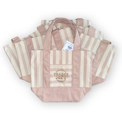Trader Joe’s Mini Canvas Tote Bag Tan Beige Pastel Striped Reusable Shopping Bag