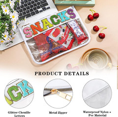 DYSHAYEN Chenille Letter Clear Zipper Pouch for Travel,Nylon White-Snacks
