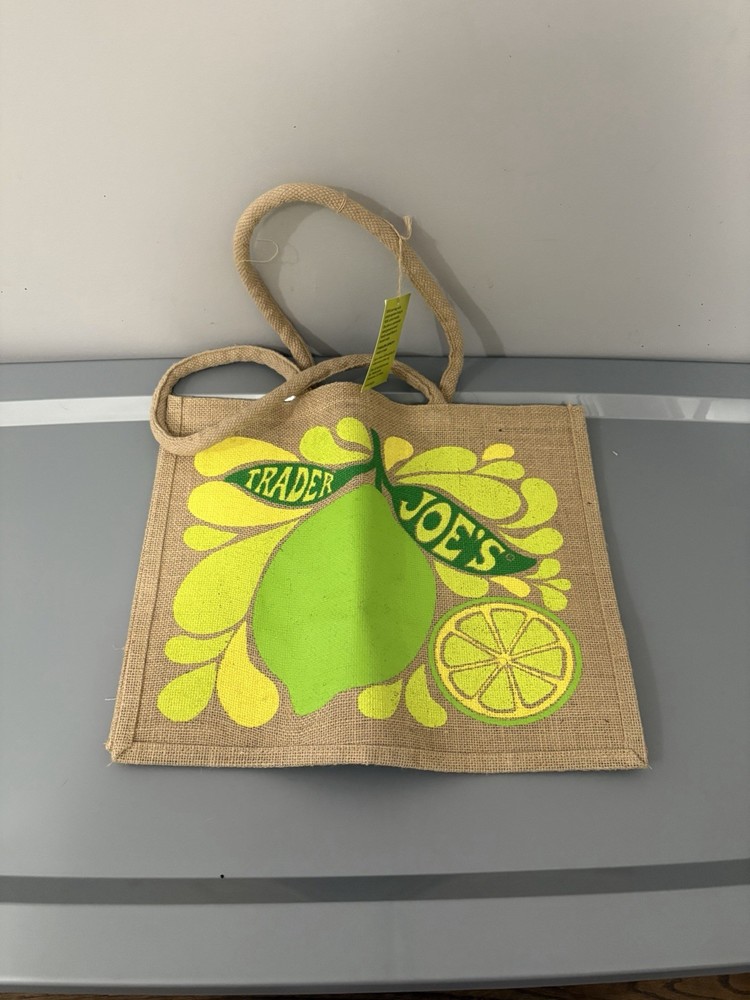 Trader Joe’s Large Tote Bag Lemon and Lime Jute Burlap Reusable Shopping Bag