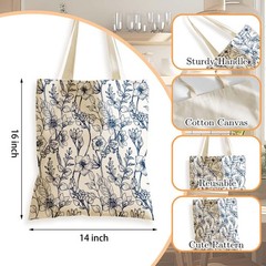 Blue French Floral Canvas Tote Bag – Aesthetic Vintage Print Shoulder Purse f…