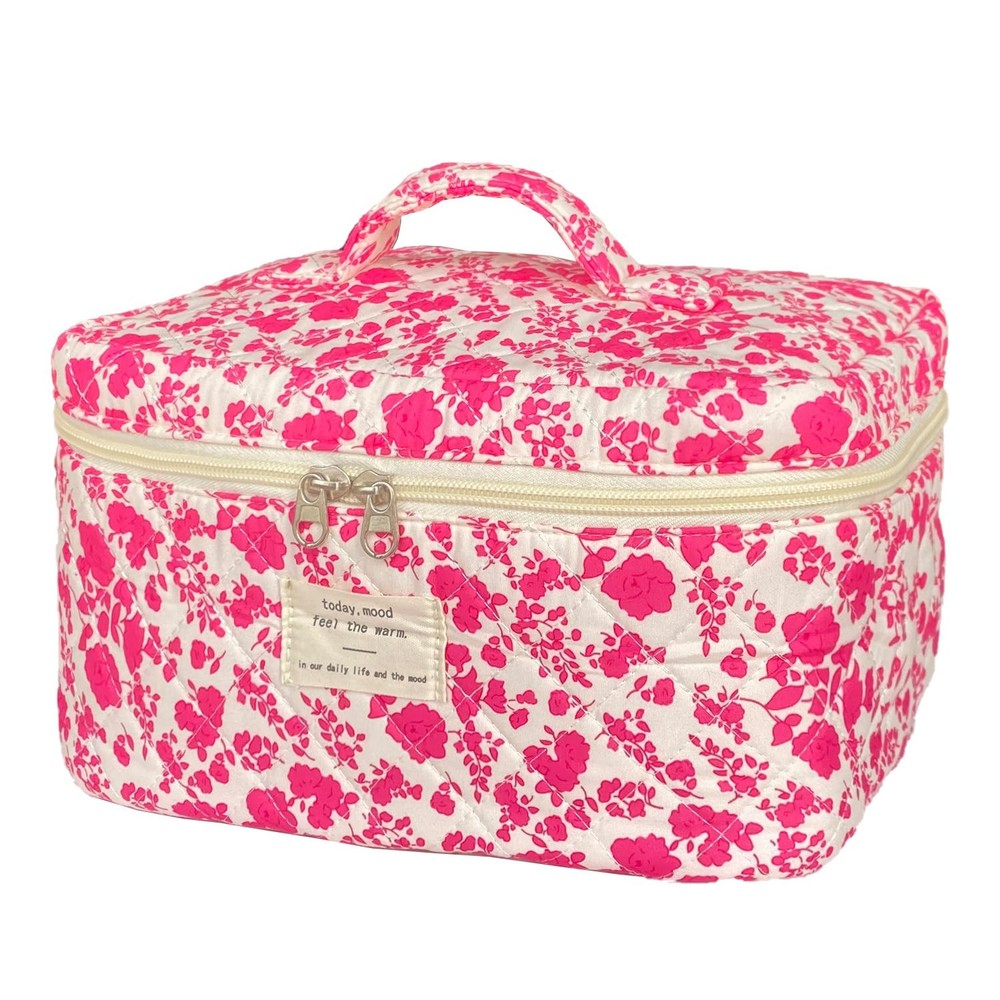 WYJ Rose Red Large Quilted Floral Makeup Bag Cute Soft Coquette A-Rose red