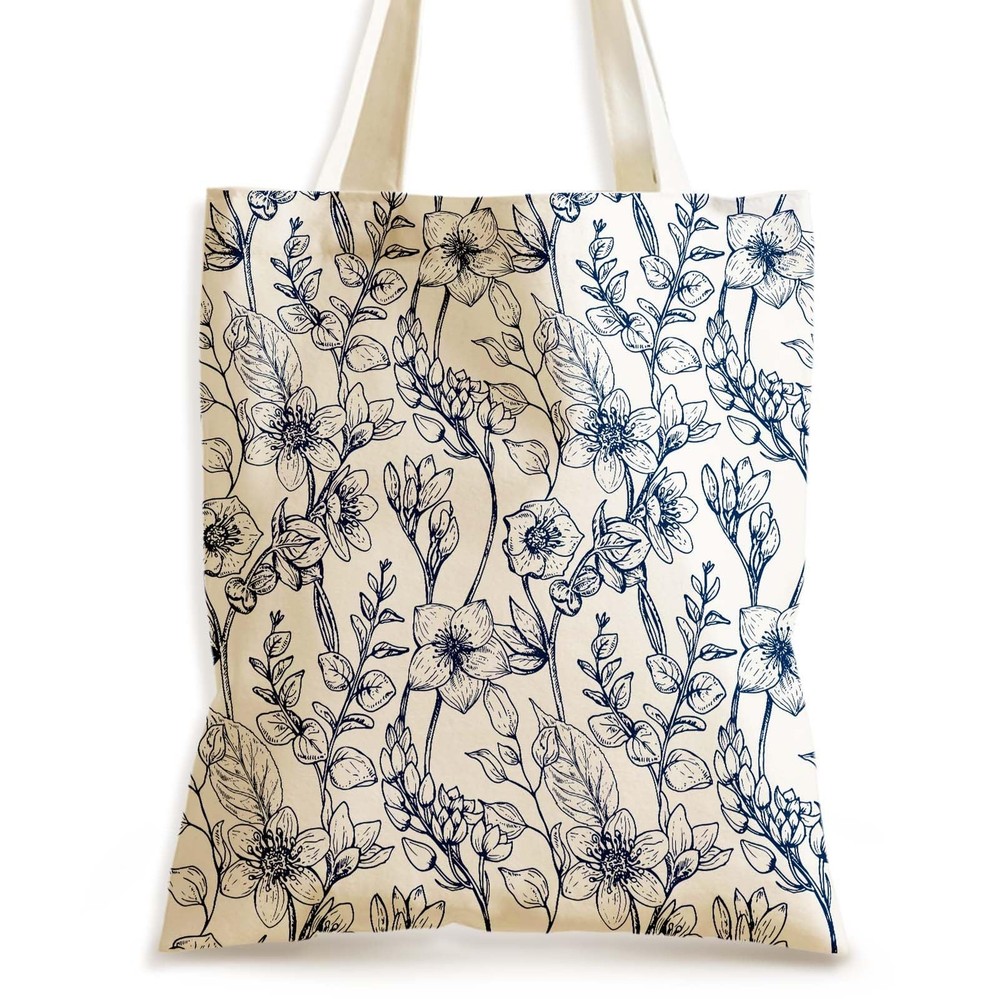 Blue French Floral Canvas Tote Bag – Aesthetic Vintage Print Shoulder Purse f…