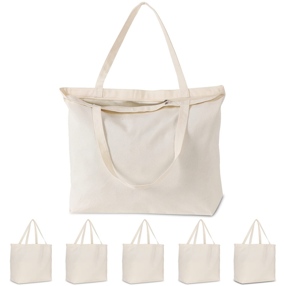 Koolmox Tote Bag Bulk with Zipper, 6-Pack 22x16x7.8” Beige Tote Bag, 12Oz Du…