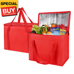 2-Pack XL-Large Insulated Grocery Shopping Bags, Red, Reusable, Heavy Duty, Zipp