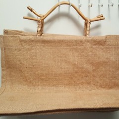 VTG Burlap Jute Satchel-Bag-Tote with Bamboo Handles