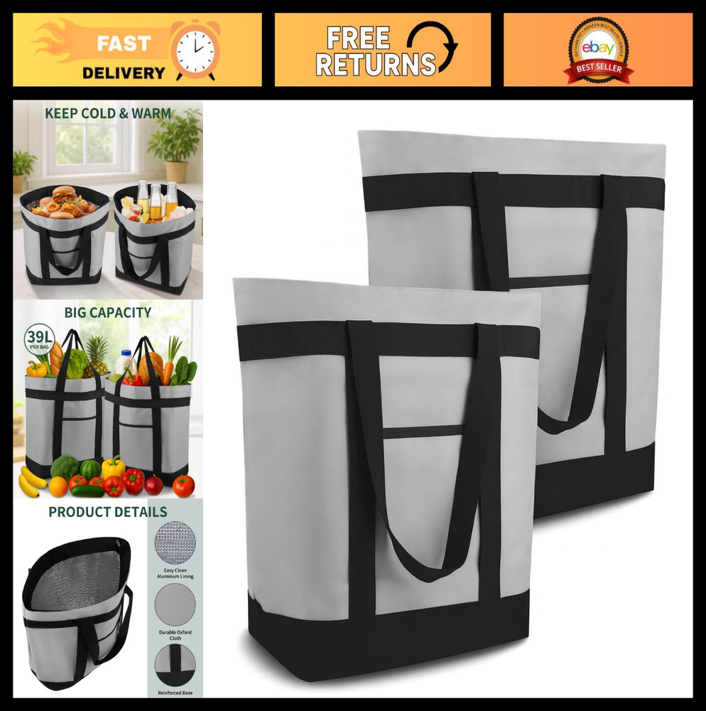 2PK Large Insulated Grocery Bags – 39L Reusable Totes, Zipper & Pockets, Water-R